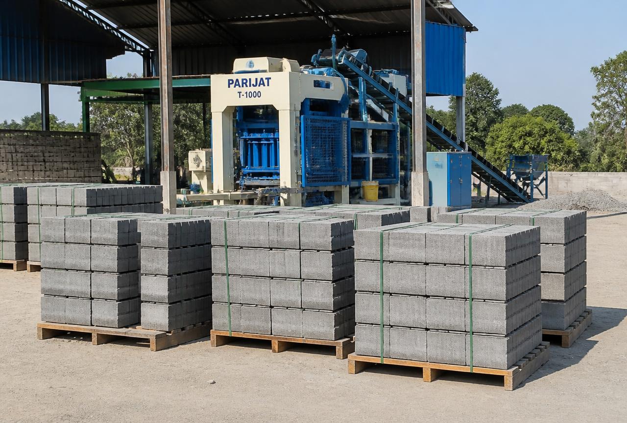 Fly ash bricks stacked on pallets at our manufacturing unit