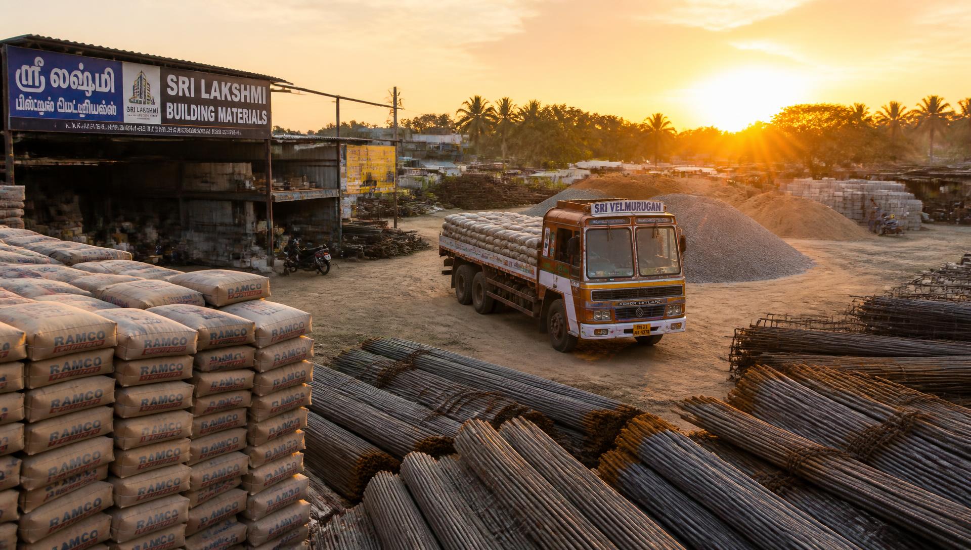 Construction material yard with cement bags, steel rods and a delivery truck