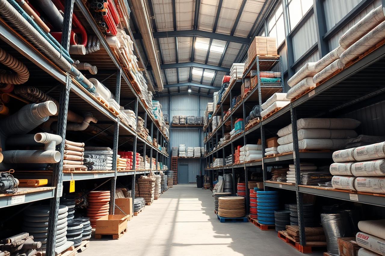 Warehouse with pipes, fittings and cement stock